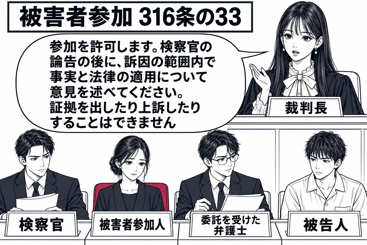 法廷の場面。検察官席の横に小さな席があり、そこに喪服の女性（札「被害者参加人」）と隣の男性（札「委託を受けた弁護士」）が座っている。先生が裁判長役（札「裁判長」）で法壇から話し、被告人席に男性（札「被告人」）。先生の吹き出し「参加を許可しま