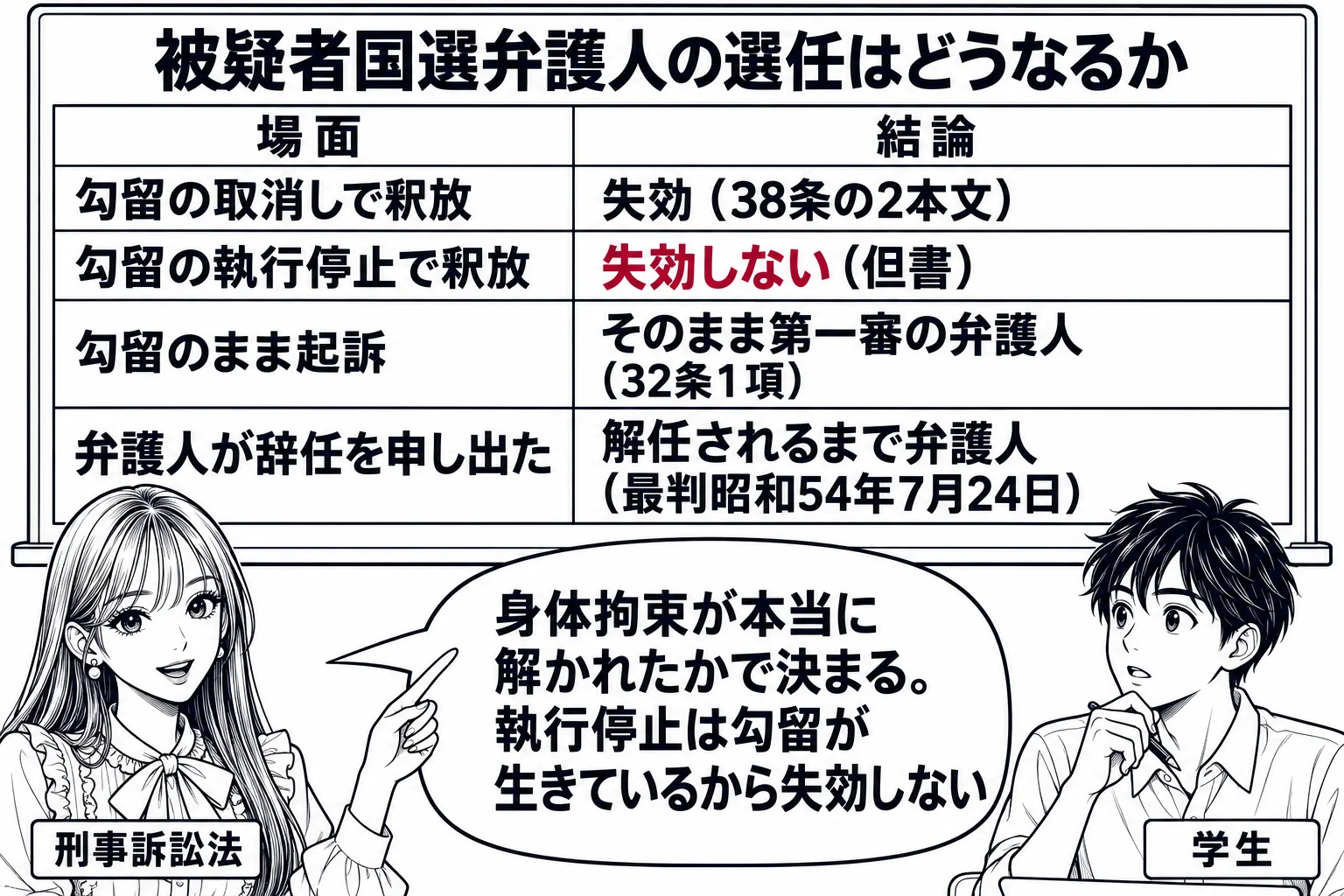 大学の教室の場面。先生が教師役（札「刑事訴訟法」）で黒板の前に立ち、黒板に「被疑者国選弁護人の選任はどうなるか」の表。左列に場面、右列に結論。「勾留の取消しで釈放」→「失効（38条の2本文）」、「勾留の執行停止で釈放」→「失効しない（但書）