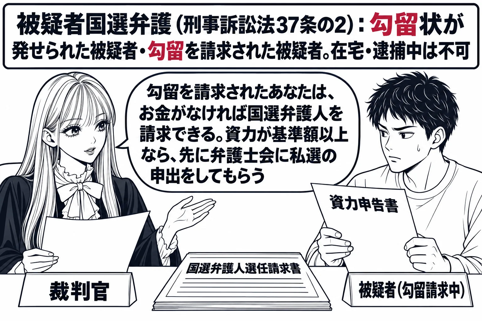 裁判所の勾留質問室の場面。先生が裁判官役（札「裁判官」）で机に座り、向かいに男性（札「被疑者（勾留請求中）」）が座り、手に「資力申告書」と書いた紙を持っている。机の上に「国選弁護人選任請求書」。壁の掲示に「被疑者国選弁護（刑事訴訟法37条の