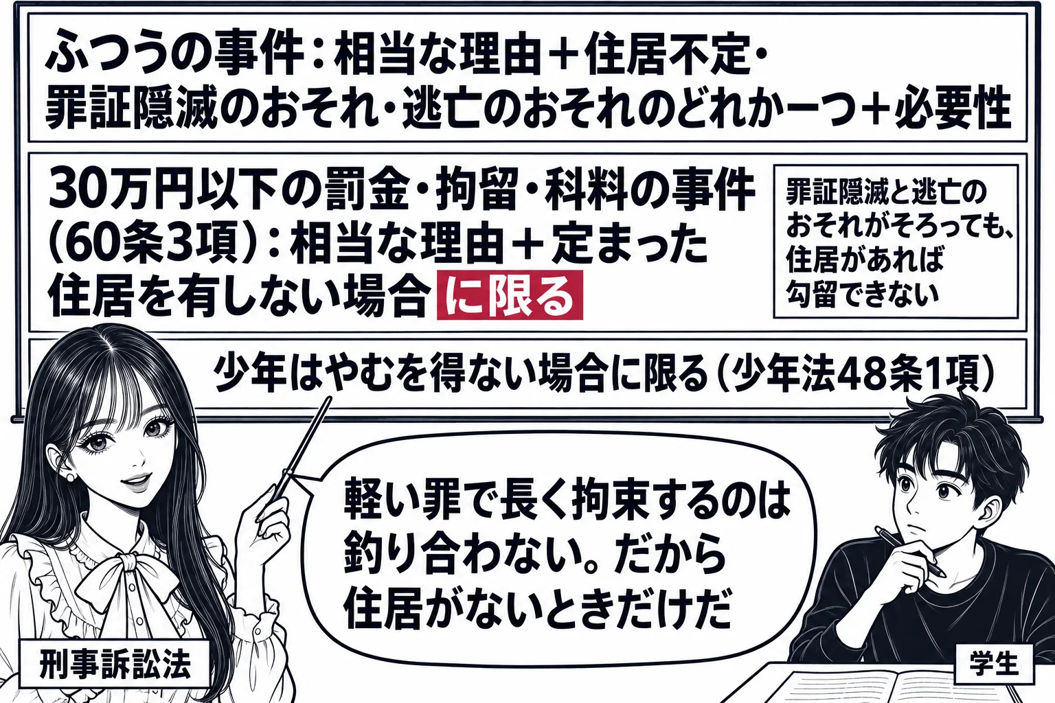 大学の教室の場面。先生が教師役（札「刑事訴訟法」）で黒板の前に立つ。黒板に二段の表。上段「ふつうの事件：相当な理由＋住居不定・罪証隠滅のおそれ・逃亡のおそれのどれか一つ＋必要性」。下段「30万円以下の罰金・拘留・科料の事件（60条3項）：相