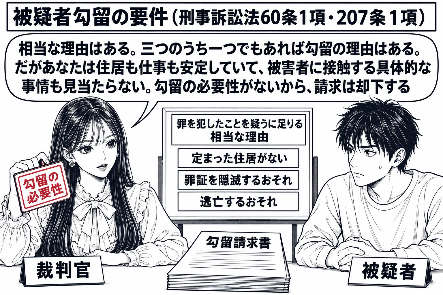 裁判官室の勾留質問の場面。先生が裁判官役（札「裁判官」）で机に座り、向かいに男性（札「被疑者」）が座り、机の上に「勾留請求書」がある。机の脇に立てた小さな板に三つの札「定まった住居がない」「罪証を隠滅するおそれ」「逃亡するおそれ」が並び、そ