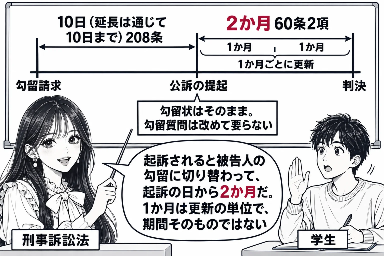 大学の教室で先生が教師役（札「刑事訴訟法」）が黒板の前に立つ場面。黒板に横一本の時間の線があり、左端に「勾留請求」、中ほどに「公訴の提起」、右端に「判決」の目盛り。左の区間の上に「10日（延長は通じて10日まで）208条」、右の区間の上に「