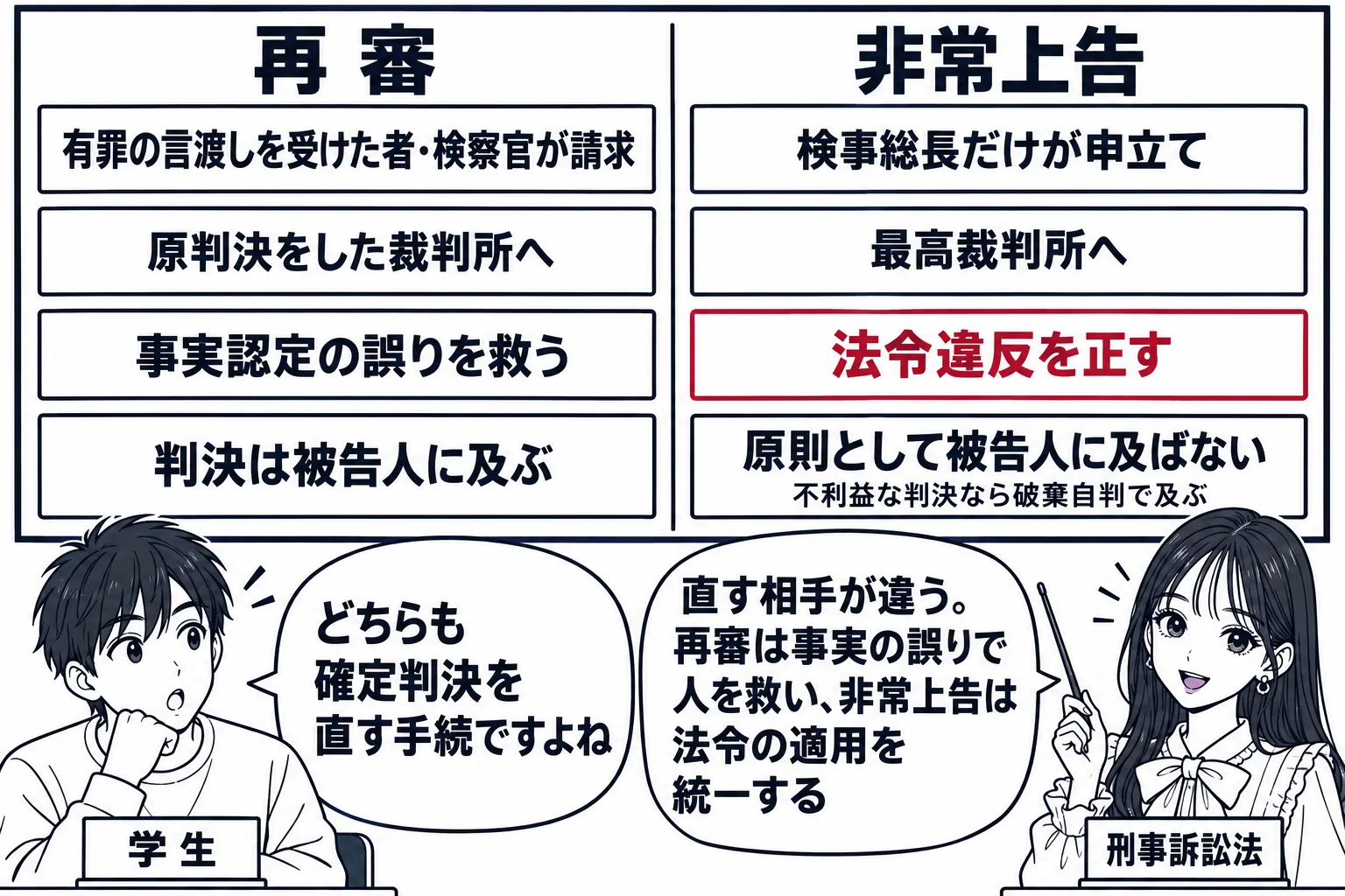 教室で先生が教師役（札「刑事訴訟法」）が黒板の前に立つ場面。黒板を縦線で二分し、左の見出し「再審」、右の見出し「非常上告」。左の列に札「有罪の言渡しを受けた者・検察官が請求」「原判決をした裁判所へ」「事実認定の誤りを救う」「判決は被告人に及