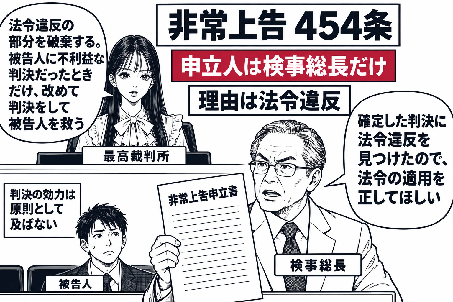 最高裁判所の大きな法廷の場面。先生が裁判官役（札「最高裁判所」）で高い法壇に座る。法壇の前に立つ年配の男性（札「検事総長」）が「非常上告申立書」と書いた書面を掲げ、「確定した判決に法令違反を見つけたので、法令の適用を正してほしい」と吹き出し