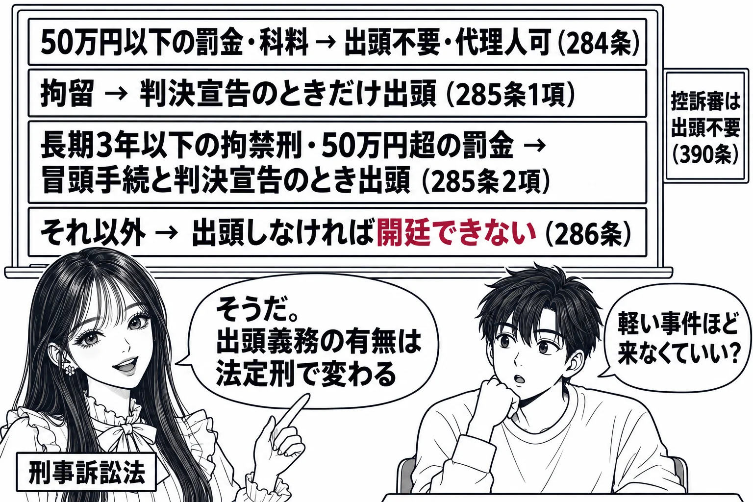 大学の教室で先生が教師役（札「刑事訴訟法」）が黒板の前に立つ場面。黒板に法定刑の軽い順に四段の表。一段目「50万円以下の罰金・科料 → 出頭不要・代理人可（284条）」、二段目「拘留 → 判決宣告のときだけ出頭（285条1項）」、三段目「長
