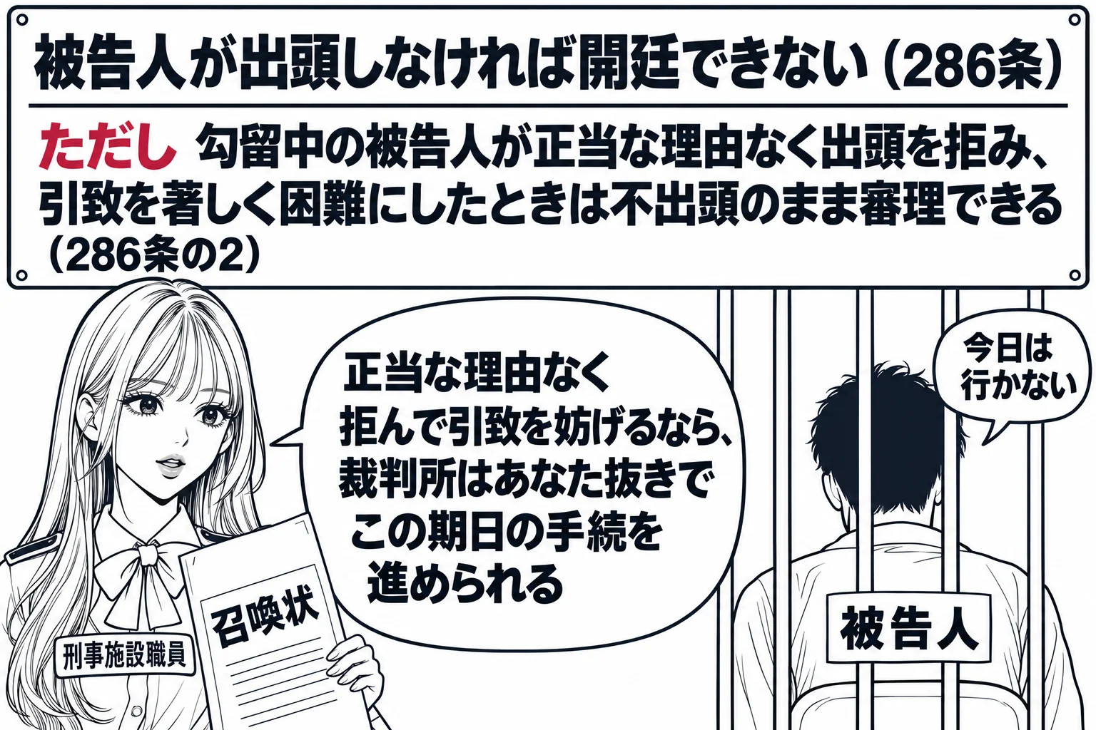 拘置所の房の前の廊下の場面。先生が刑務官役（札「刑事施設職員」）で立ち、房の中の男性（札「被告人」）が背を向けて座り「今日は行かない」と小さな吹き出し。先生の手に「召喚状」。廊下の壁の掲示に「被告人が出頭しなければ開廷できない（286条）」