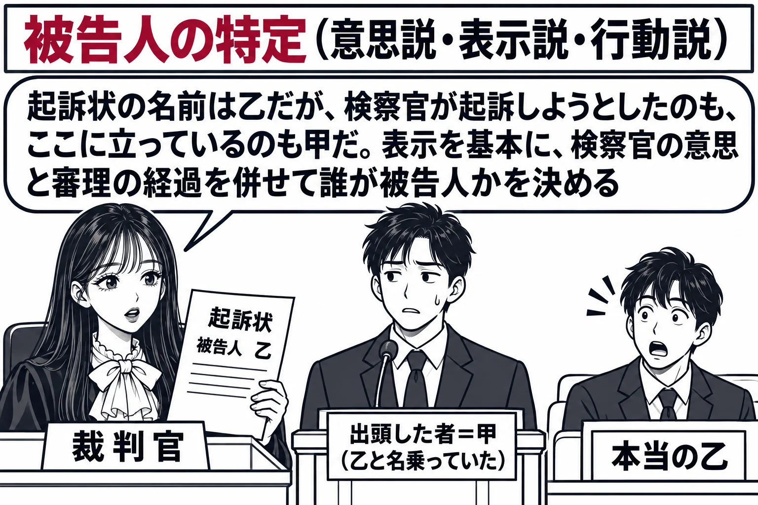 法廷の冒頭手続の場面。先生が裁判官役（札「裁判官」）で法壇に座り、手元に「起訴状 被告人 乙」と書いた書面。証言台の前に男性（札「出頭した者＝甲（乙と名乗っていた）」）が立っている。傍聴席に別の男性（札「本当の乙」）が驚いた顔で座っている。