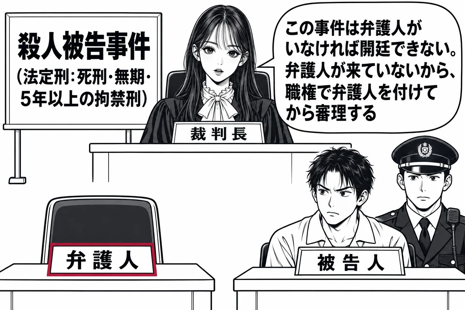 法廷の場面。先生が裁判長役（札「裁判長」）で法壇に座り、法壇の前の弁護人席が空いていて、机の上に「弁護人」の札だけが置かれている。被告人席に男性（札「被告人」）が座り、傍らに刑務官。法壇の脇の掲示に「殺人被告事件（法定刑: 死刑・無期・5年