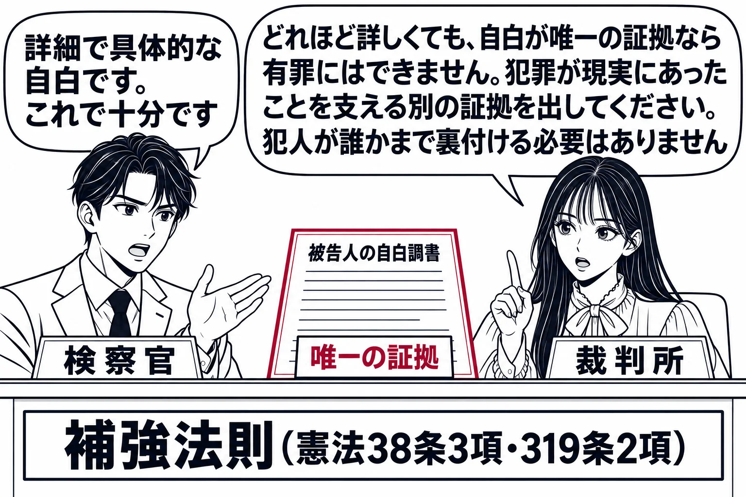 法廷の場面。先生が裁判官役（札「裁判所」）で法壇に座り、法壇の上に「被告人の自白調書」と書かれた書類が一通だけ置かれている。男性の検察官（札「検察官」）が吹き出し「詳細で具体的な自白です。これで十分です」。先生の吹き出し「どれほど詳しくても