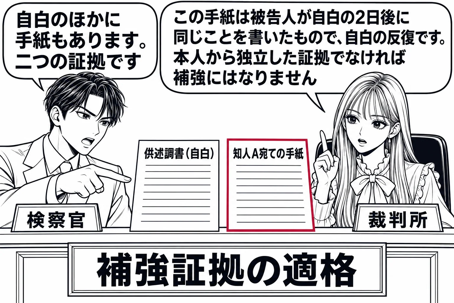 法廷の場面。先生が裁判官役（札「裁判所」）で法壇に座り、法壇の上に「供述調書（自白）」と「知人A宛ての手紙」と書かれた二通の書類が並んでいる。男性の検察官（札「検察官」）が手紙を指して吹き出し「自白のほかに手紙もあります。二つの証拠です」。