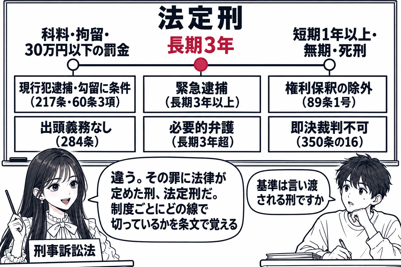 大学の教室で先生が教師役（札「刑事訴訟法」）で黒板の前に立つ場面。黒板に横一本の目盛り線「法定刑」を引き、左端に「科料・拘留・30万円以下の罰金」、中央に「長期3年」、右端に「短期1年以上・無期・死刑」の目印。左の目印の下に札「現行犯逮捕・