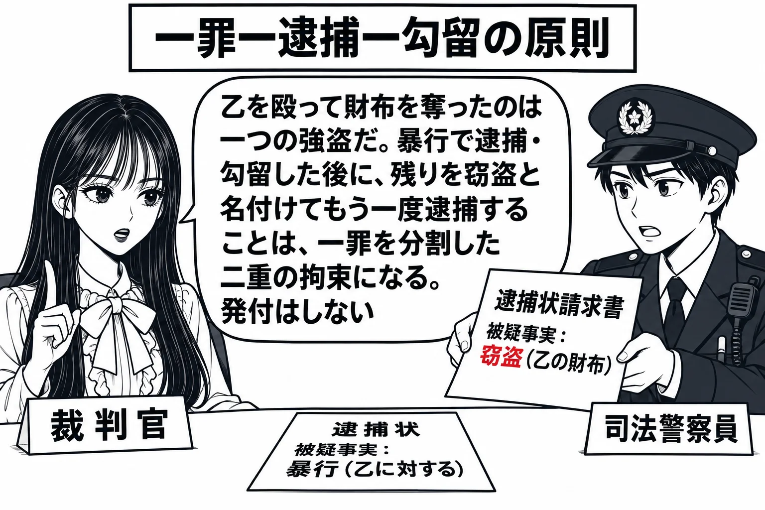 裁判官室の場面。先生が裁判官役（札「裁判官」）で机に座り、警察官の男性（札「司法警察員」）が「逮捕状請求書　被疑事実：窃盗（乙の財布）」を差し出している。机の上に先に発付済みの「逮捕状　被疑事実：暴行（乙に対する）」の控えがある。先生の吹き