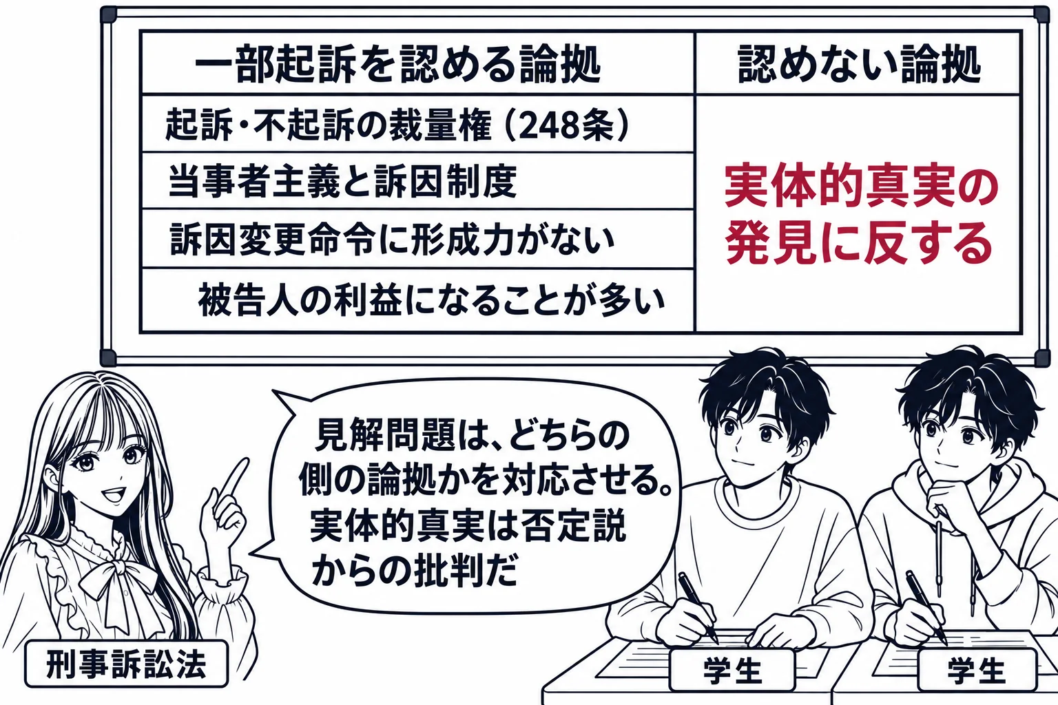 大学の教室の場面。先生が教師役（札「刑事訴訟法」）で黒板の前に立ち、黒板に左右二列の表。左の見出し「一部起訴を認める論拠」、その下に「起訴・不起訴の裁量権（248条）」「当事者主義と訴因制度」「訴因変更命令に形成力がない」「被告人の利益にな