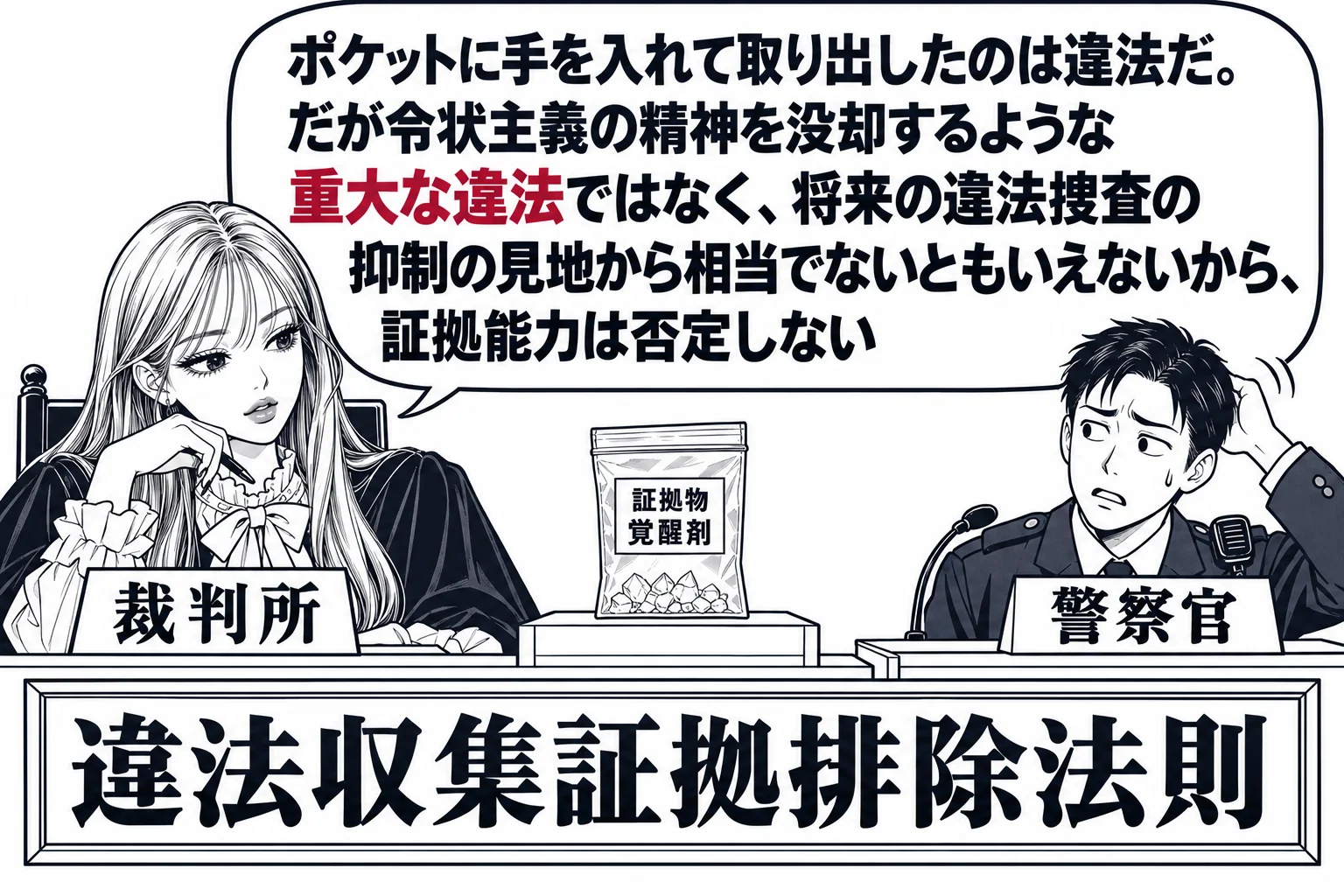 法廷の場面。先生が裁判官役（札「裁判所」）で法壇に座り、目の前の証拠台にある小さな透明の袋（札「証拠物 覚醒剤」）を見ている。証言台に立つ男性（札「警察官」）が頭をかいている。先生の吹き出し「ポケットに手を入れて取り出したのは違法だ。だが令