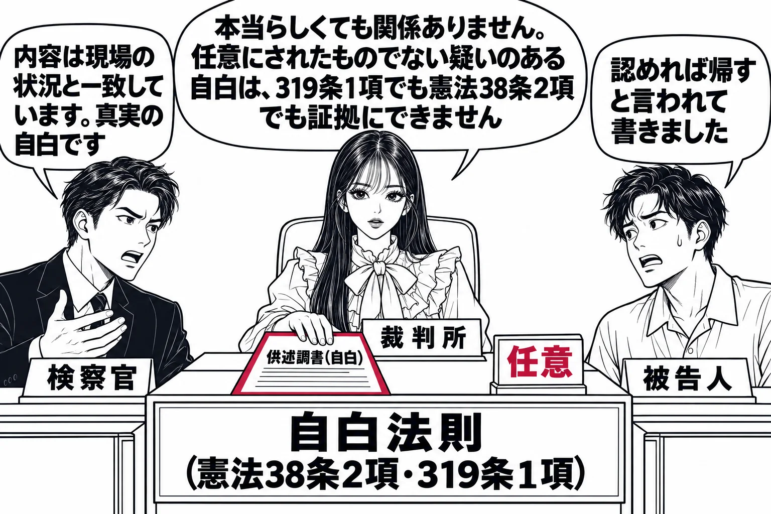 法廷の場面。先生が裁判官役（札「裁判所」）で法壇に座り、手元の「供述調書（自白）」と書かれた書類に手を置いている。男性の検察官（札「検察官」）が吹き出し「内容は現場の状況と一致しています。真実の自白です」。被告人席の男性（札「被告人」）が吹