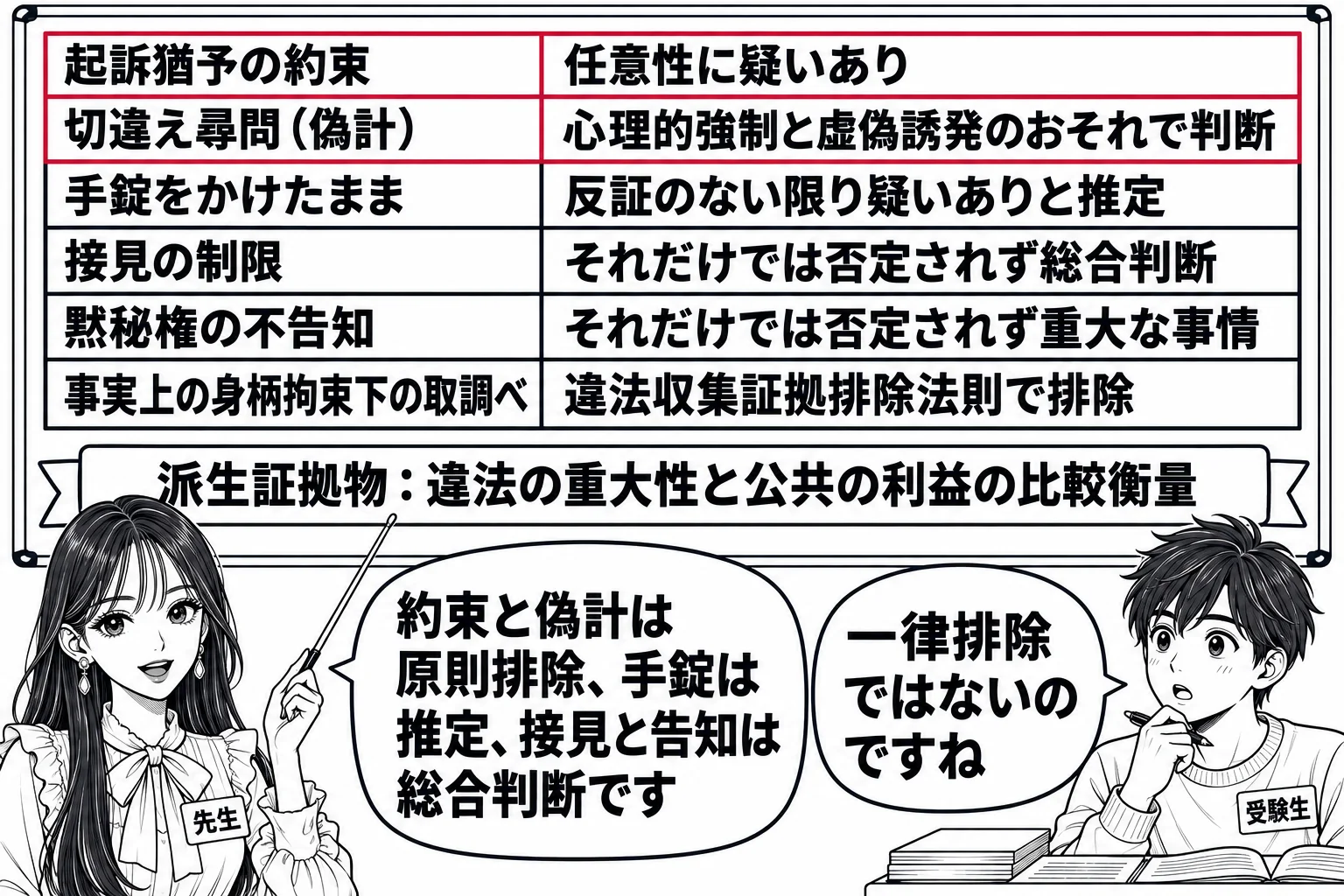 教室の場面。先生が教師役（札「先生」）で黒板の前に立ち、指し棒で板書を指している。黒板には表が描かれ、左列に「起訴猶予の約束」「切違え尋問（偽計）」「手錠をかけたまま」「接見の制限」「黙秘権の不告知」「事実上の身柄拘束下の取調べ」、右列にそ