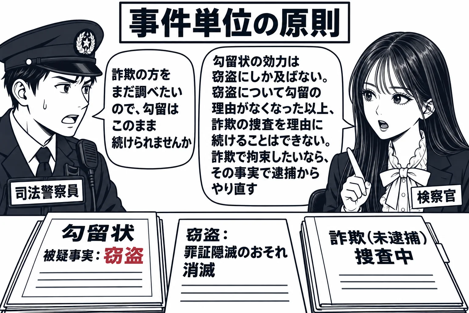 検察庁の執務室の場面。先生が検察官役（札「検察官」）で机に座り、机の上に「勾留状　被疑事実：窃盗」と書かれた令状と、「窃盗：罪証隠滅のおそれ消滅」と書かれたメモ、別に「詐欺（未逮捕）捜査中」と書かれたファイルがある。向かいに警察官の男性（札