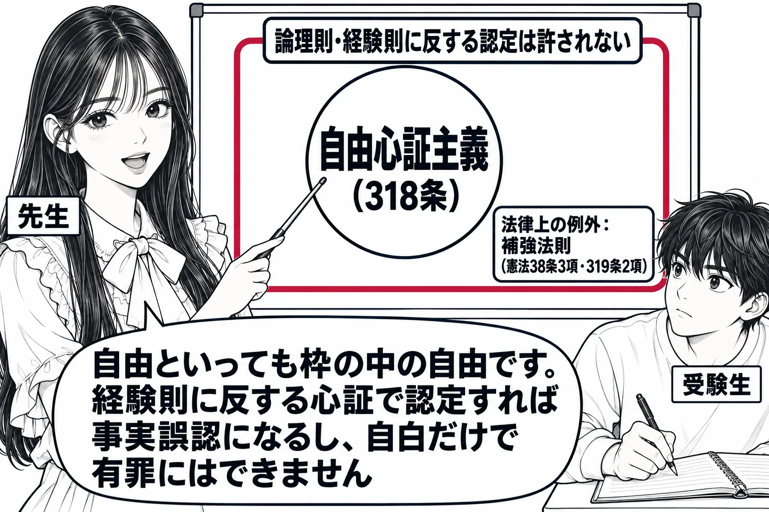教室の場面。先生が教師役（札「先生」）で黒板の前に立ち、指し棒で板書を指している。黒板の中央に大きな円があり、円の中に「自由心証主義（318条）」と書かれ、円の外側を囲む枠線に「論理則・経験則に反する認定は許されない」と書かれている。円の右