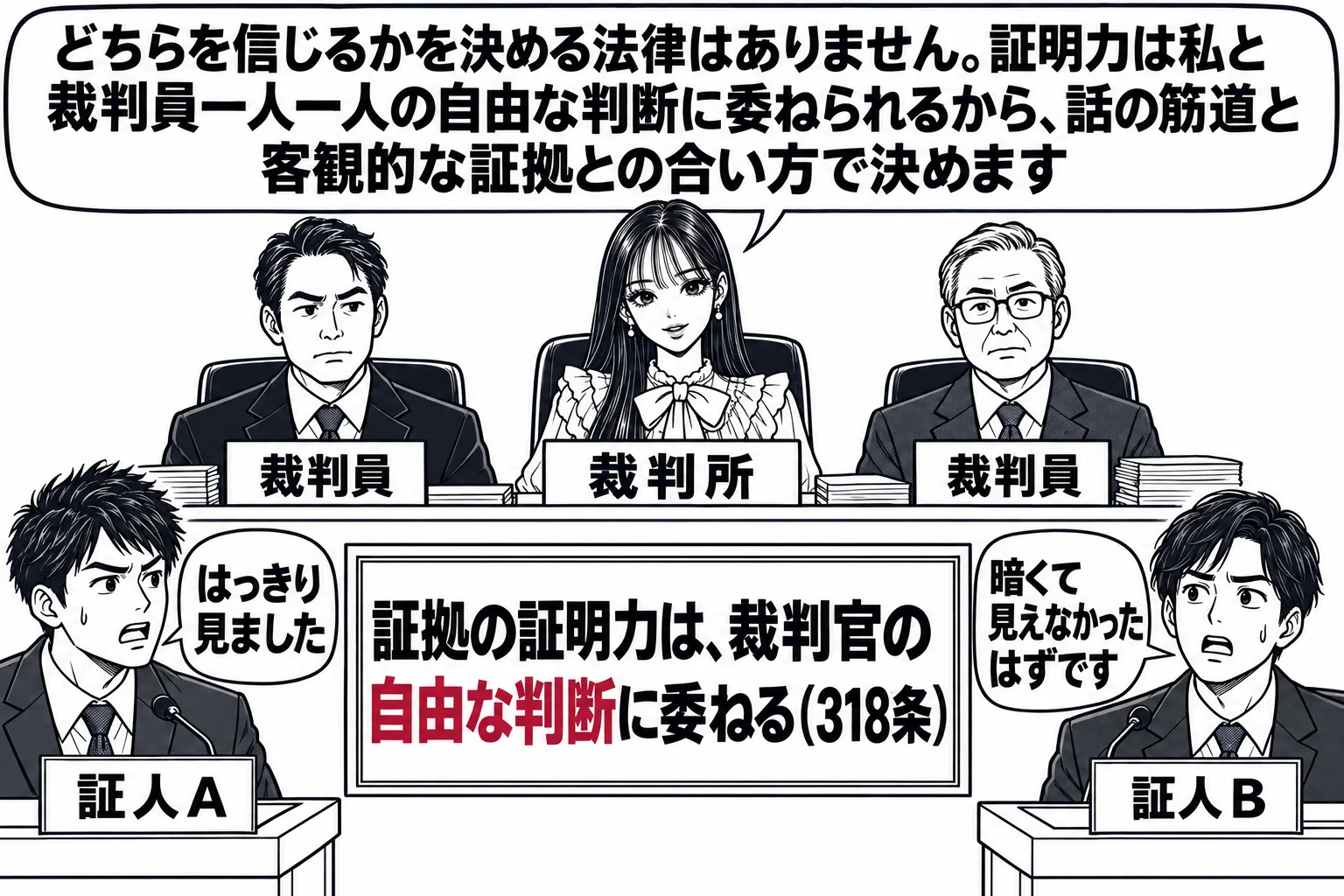 法廷の場面。先生が裁判官役（札「裁判所」）で法壇に座り、両脇に裁判員の男性二人（札「裁判員」）が並んでいる。証言台に男性の証人（札「証人A」）が立ち、吹き出し「はっきり見ました」。その後ろの傍聴席寄りに別の男性（札「証人B」）が座り、吹き出
