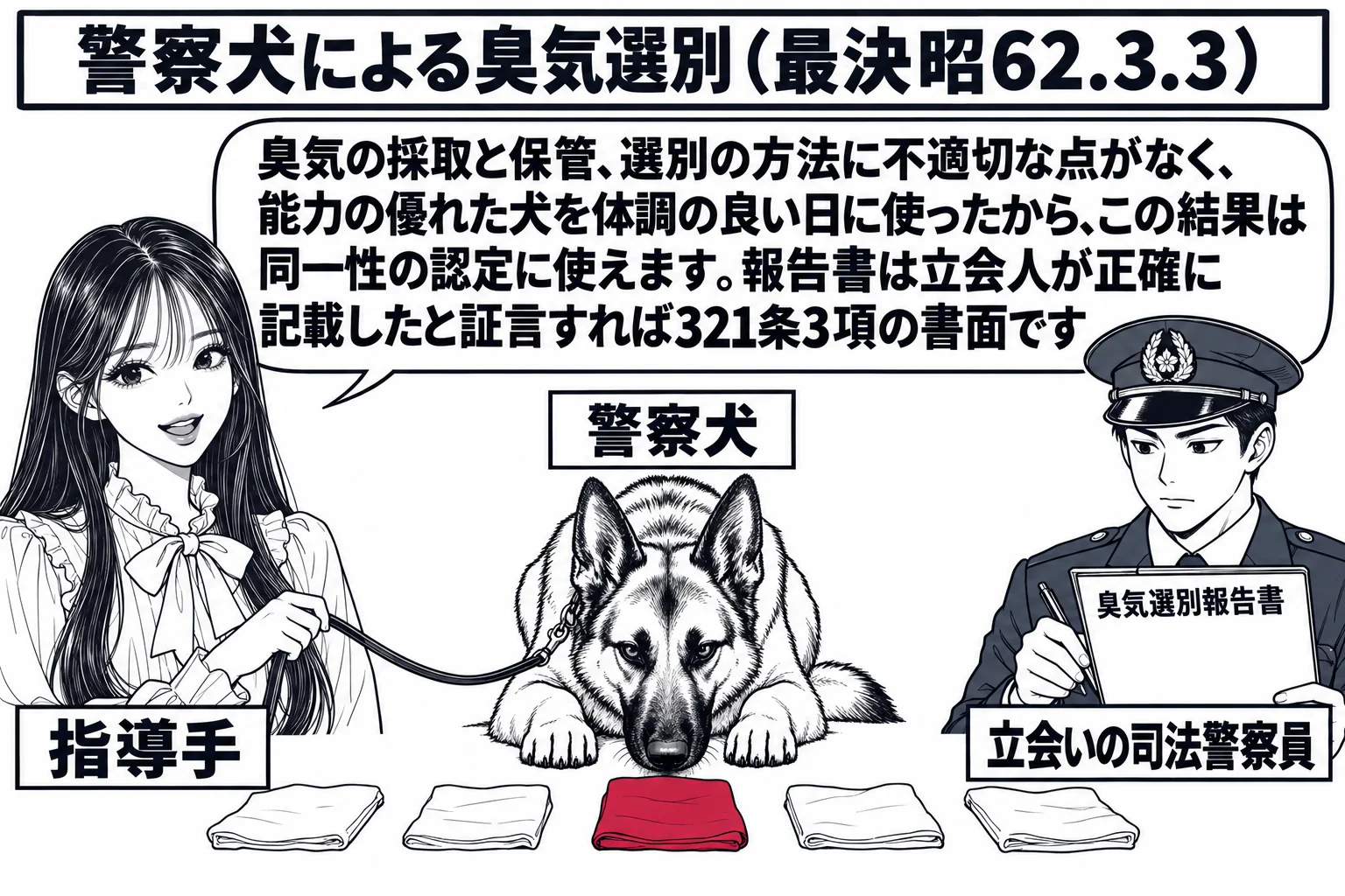 警察の訓練場の場面。先生が指導手役（札「指導手」）でリードを持ち、警察犬（札「警察犬」）が地面に並んだ五つの布片の一つの前で伏せている。少し離れて立ち会う男性の警察官（札「立会いの司法警察員」）がクリップボードに「臭気選別報告書」と書いて記