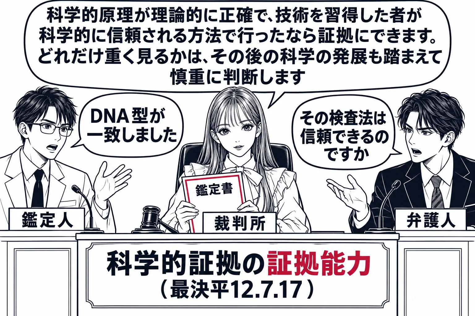 法廷の場面。先生が裁判官役（札「裁判所」）で法壇に座り、鑑定書を手にしている。証言台に白衣の男性（札「鑑定人」）が立ち、吹き出し「DNA型が一致しました」。弁護人席の男性（札「弁護人」）が吹き出し「その検査法は信頼できるのですか」。先生の吹