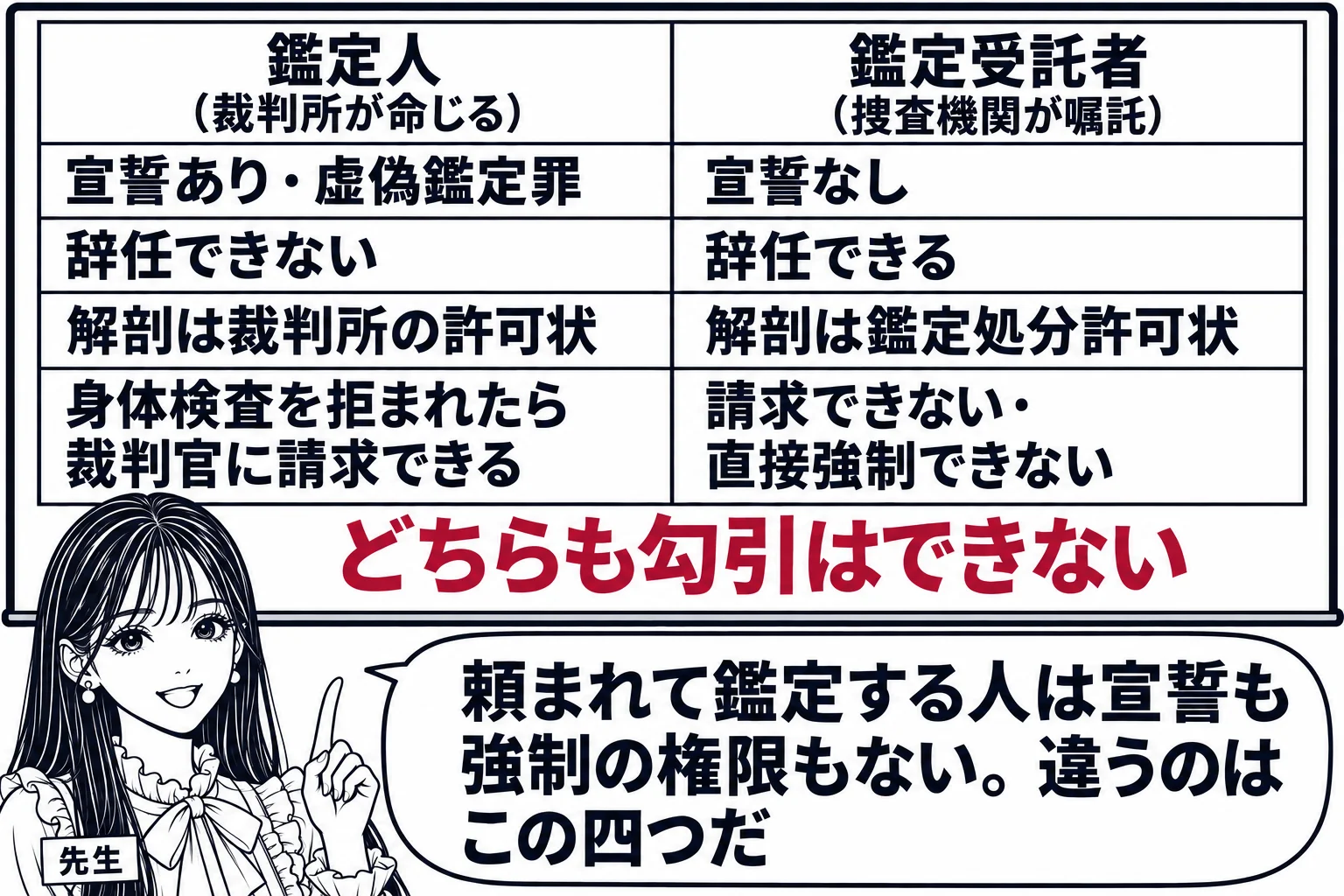教室の板書の場面。先生が黒板の前に立ち、黒板に左右二列の表が書かれている。左列の見出し「鑑定人（裁判所が命じる）」、その下に「宣誓あり・虚偽鑑定罪」「辞任できない」「解剖は裁判所の許可状」「身体検査を拒まれたら裁判官に請求できる」。右列の見