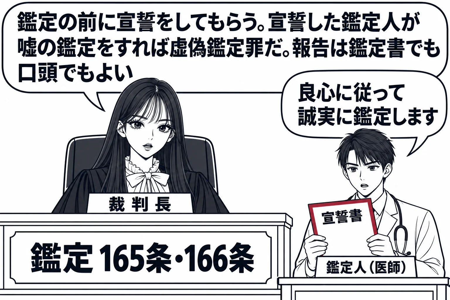 法廷の場面。先生が裁判長役（札「裁判長」）で法壇に座り、証言台に白衣の男性（札「鑑定人（医師）」）が立って宣誓書を読み上げている。先生の吹き出し「鑑定の前に宣誓をしてもらう。宣誓した鑑定人が嘘の鑑定をすれば虚偽鑑定罪だ。報告は鑑定書でも口頭
