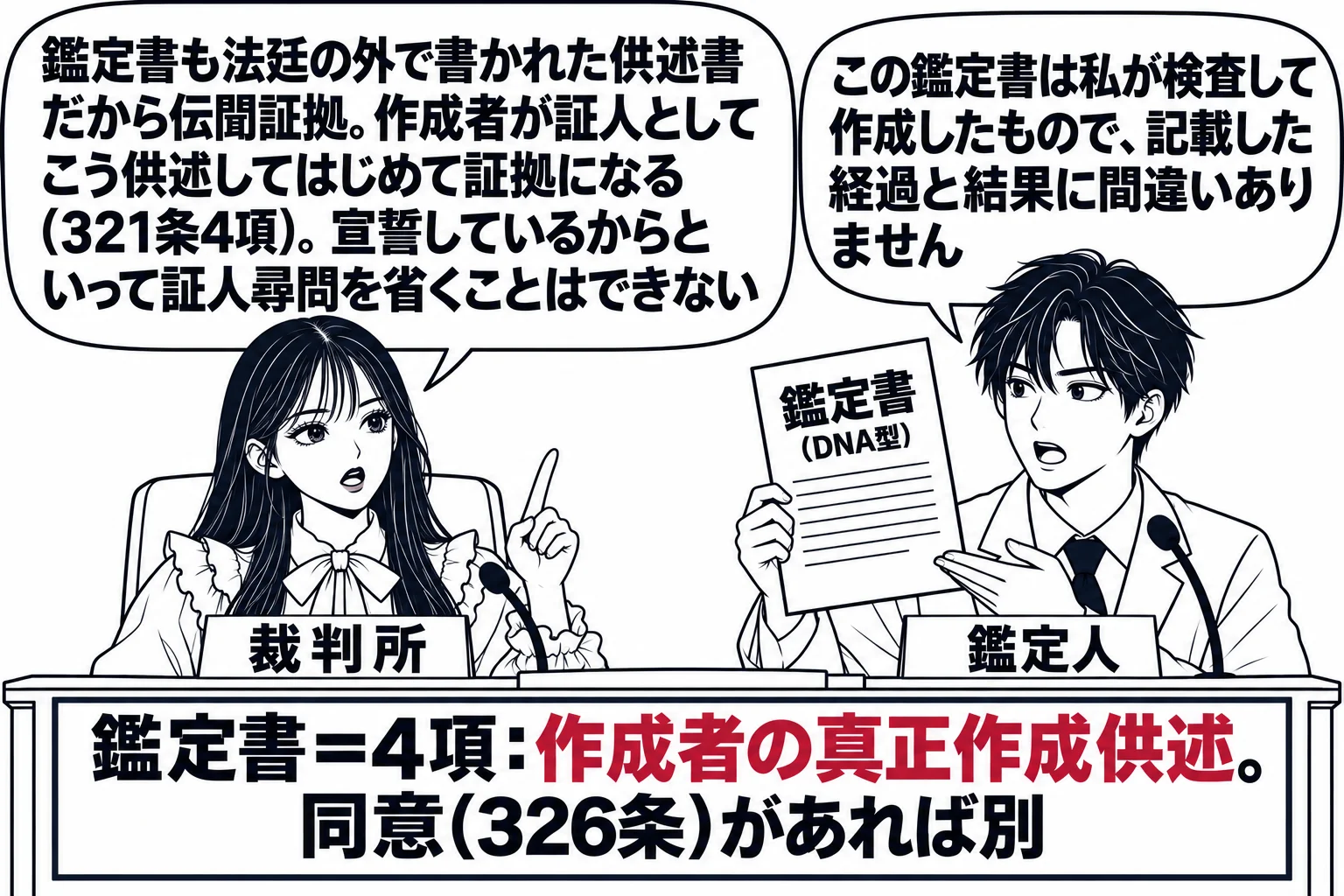 法廷の場面。先生が裁判官役（札「裁判所」）で法壇に座る。証言台に白衣の男性の鑑定人（札「鑑定人」）が立ち、手に「鑑定書（DNA型）」と書かれた書面を持って吹き出し「この鑑定書は私が検査して作成したもので、記載した経過と結果に間違いありません