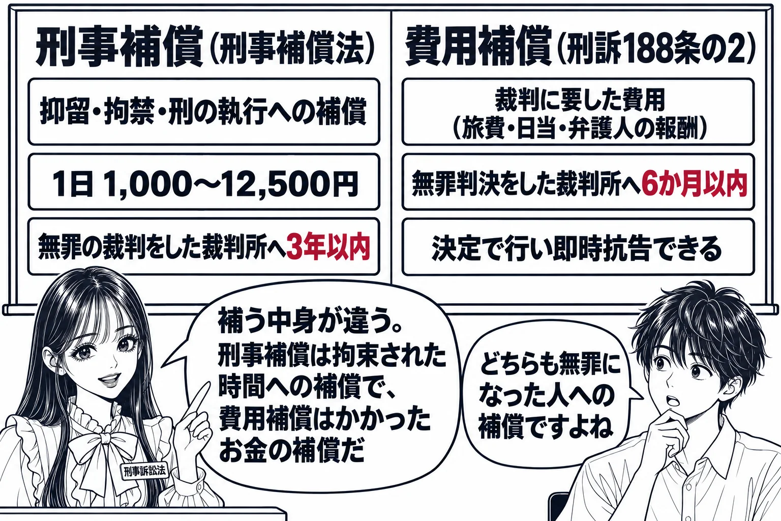 教室で先生が教師役（札「刑事訴訟法」）が黒板の前に立つ場面。黒板を縦線で二分し、左の見出し「刑事補償（刑事補償法）」、右の見出し「費用補償（刑訴188条の2）」。左の列に札「抑留・拘禁・刑の執行への補償」「1日 1,000〜12,500円」