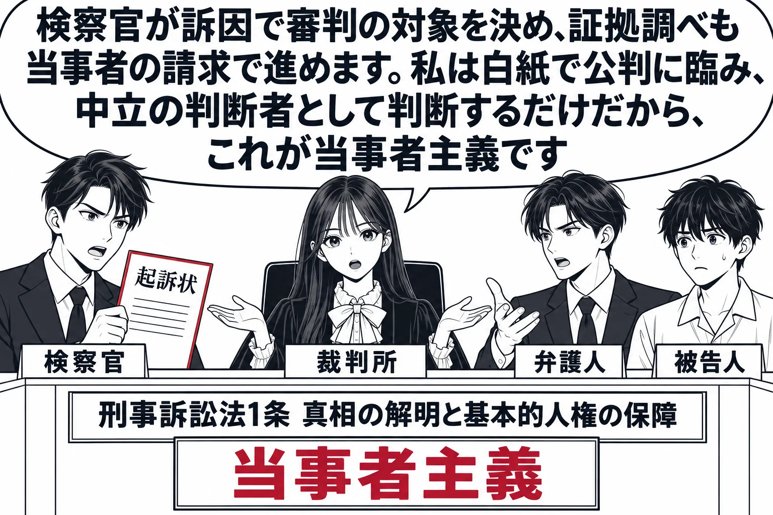 法廷の場面。先生が裁判官役（札「裁判所」）で法壇に座り、両手を軽く開いて左右を示している。向かって左の席に男性の検察官（札「検察官」）が起訴状一枚だけを手に立ち、右の席に男性の弁護人（札「弁護人」）と被告人（札「被告人」）が並ぶ。先生の吹き