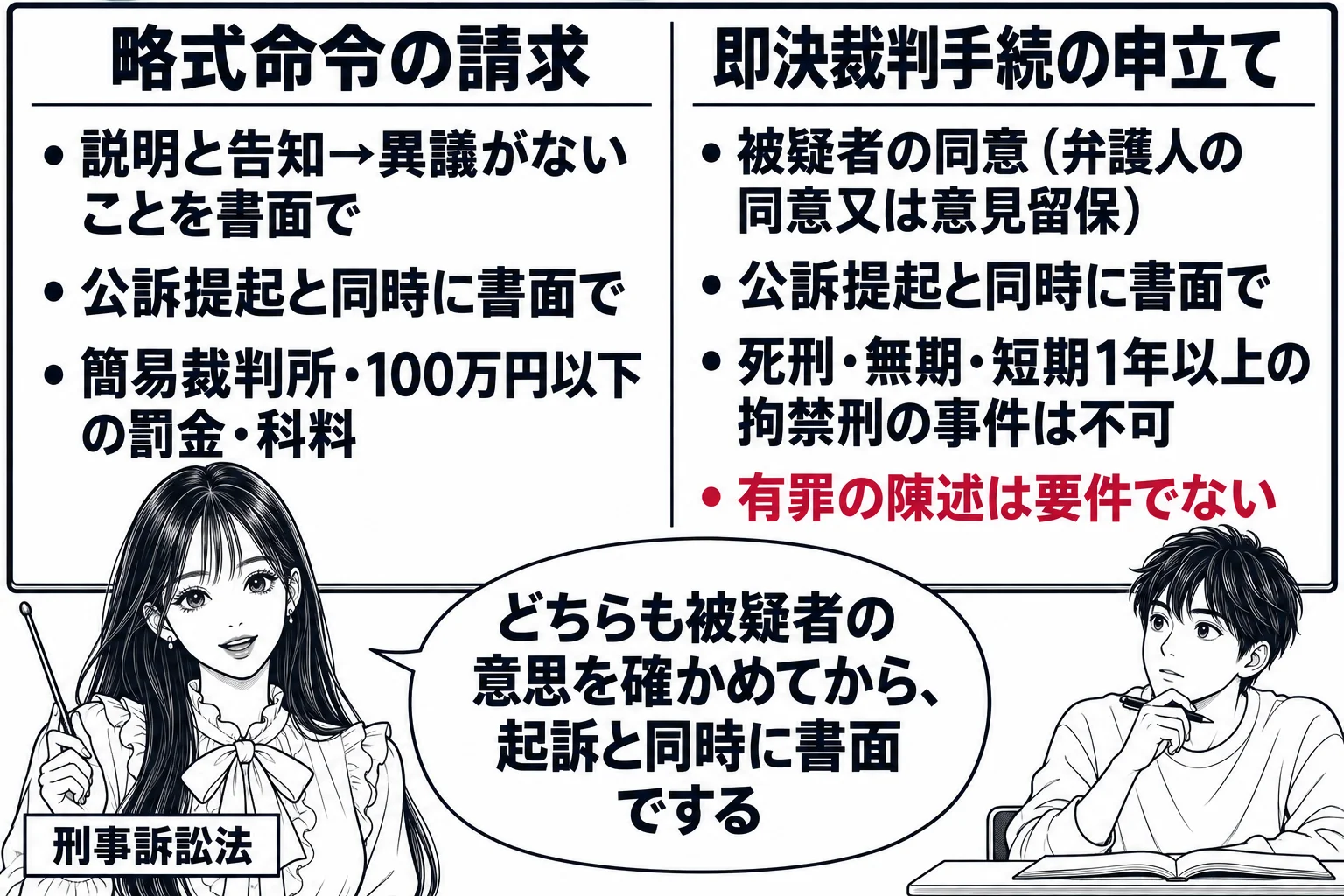 大学の教室の場面。先生が教師役（札「刑事訴訟法」）で黒板の前に立ち、黒板に左右二列の表。左の見出し「略式命令の請求」、その下に「説明と告知→異議がないことを書面で」「公訴提起と同時に書面で」「簡易裁判所・100万円以下の罰金・科料」。右の見