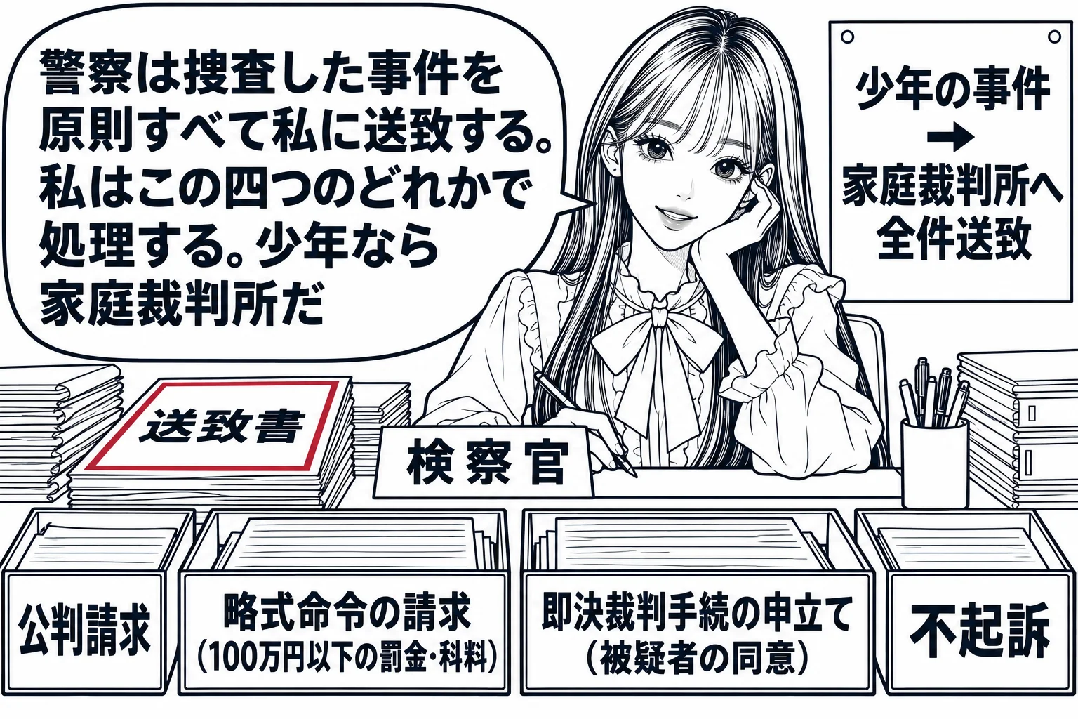 検察庁の検察官室の場面。先生が検察官役（札「検察官」）で机に座り、机の上に「送致書」と書いた書類の束。机の前に四つの箱が並び、それぞれに札「公判請求」「略式命令の請求（100万円以下の罰金・科料）」「即決裁判手続の申立て（被疑者の同意）」「