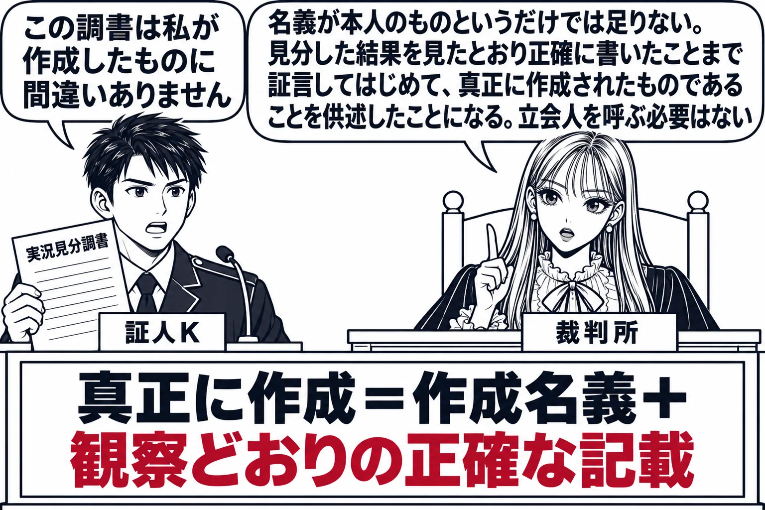 法廷の場面。先生が裁判官役（札「裁判所」）で法壇に座る。証言台の男性の司法警察員（札「証人K」）が実況見分調書を手に吹き出し「この調書は私が作成したものに間違いありません」。先生の吹き出し「名義が本人のものというだけでは足りない。見分した結
