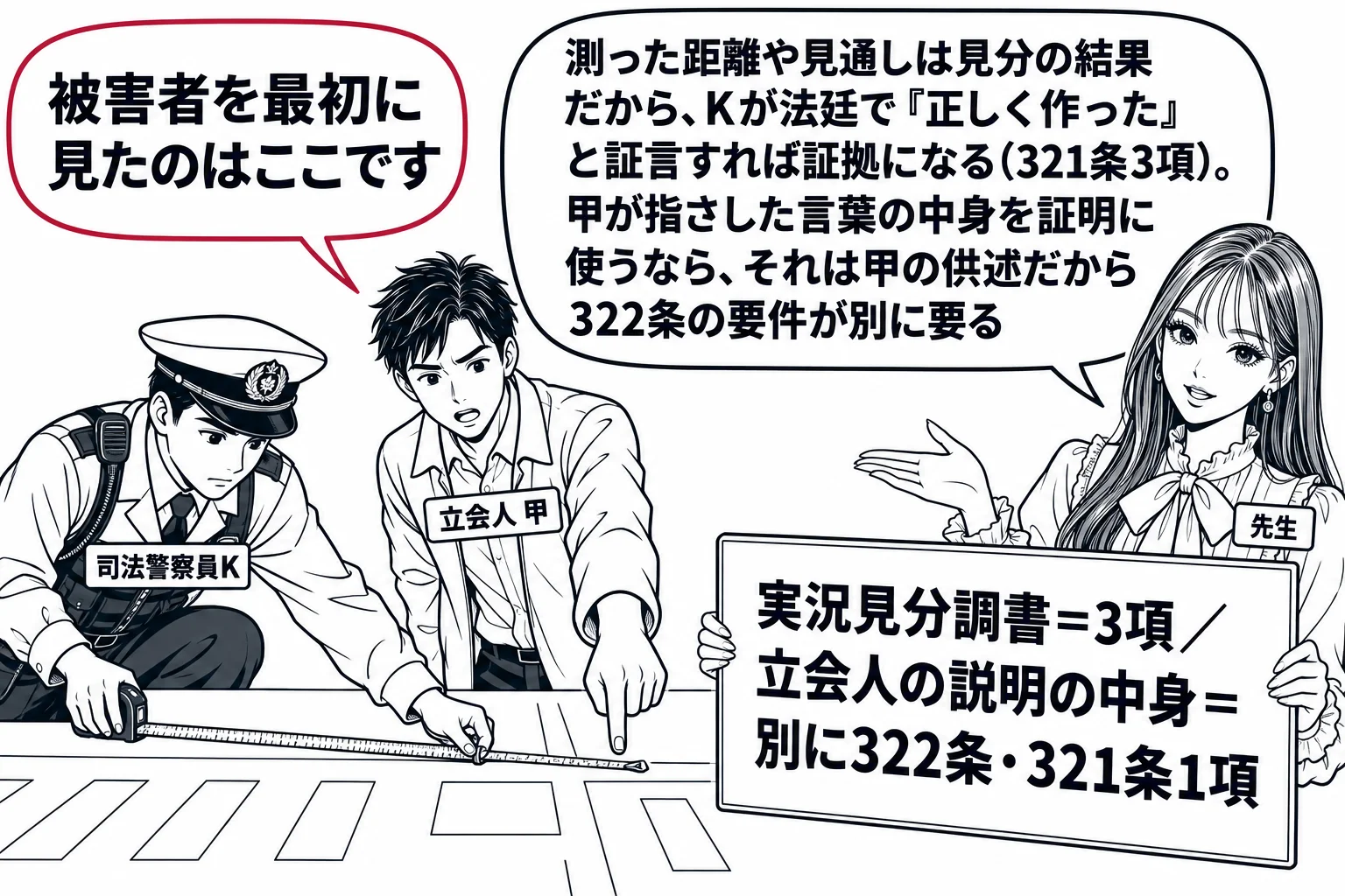 交差点の事故現場の場面。巻尺で路面の距離を測る男性の司法警察員（札「司法警察員K」）と、横で現場を指さす男性の立会人（札「立会人 甲」）。立会人の吹き出し「被害者を最初に見たのはここです」。少し離れて先生（札「先生」）が板を持ち、吹き出し「