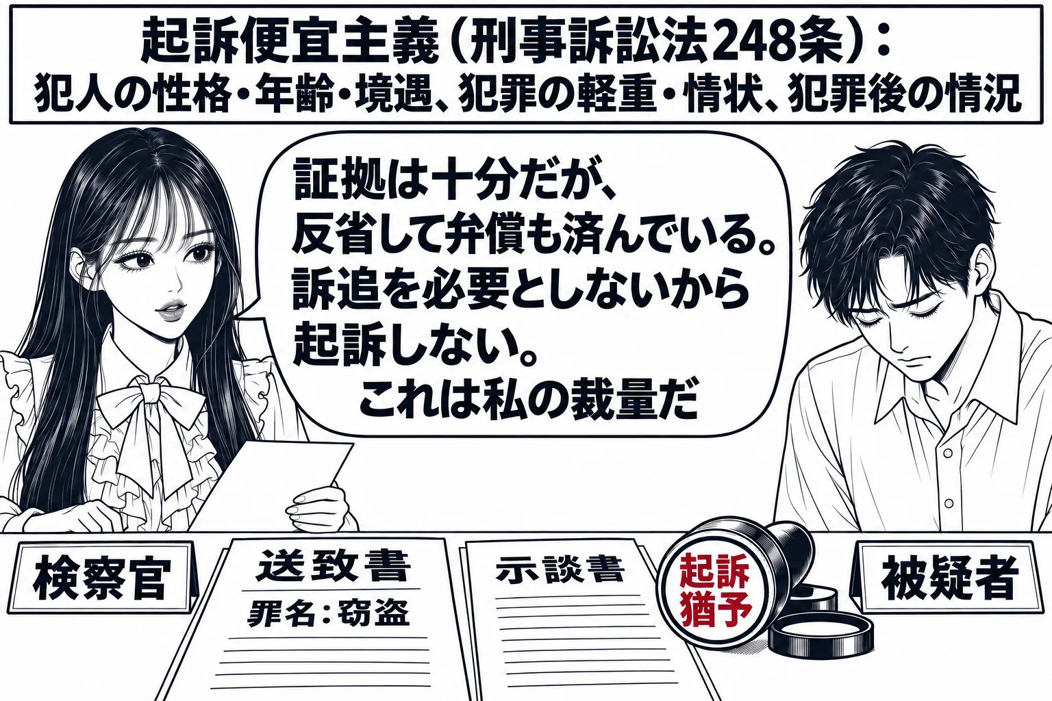 検察庁の検察官室の場面。先生が検察官役（札「検察官」）で机に座り、机の上に「送致書 罪名: 窃盗」と「示談書」と書いた書類、横に「起訴猶予」と彫った判子。向かいに男性（札「被疑者」）がうつむいて座っている。壁の掲示に「起訴便宜主義（刑事訴訟