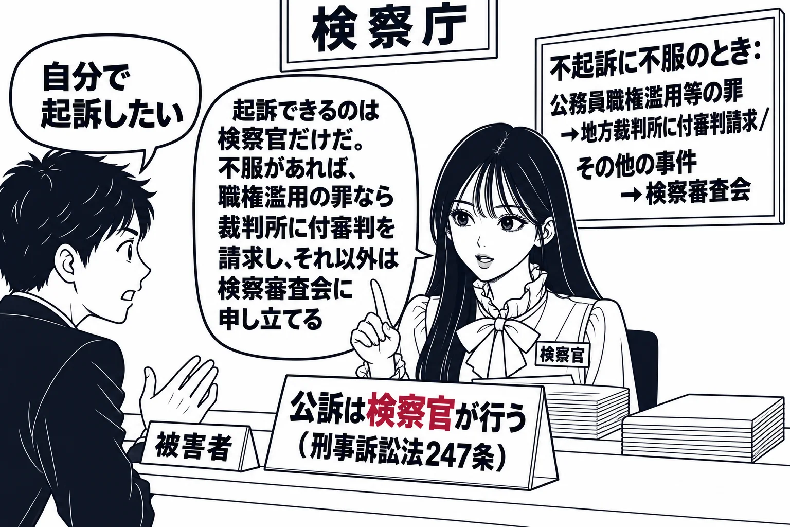 検察庁の窓口の場面。先生が検察官役（札「検察官」）で窓口の中に座り、手元に「公訴は検察官が行う（刑事訴訟法247条）」と書いた卓上の札。窓口の外に男性（札「被害者」）が立ち、「自分で起訴したい」と書いた吹き出し。壁の掲示に「不起訴に不服のと