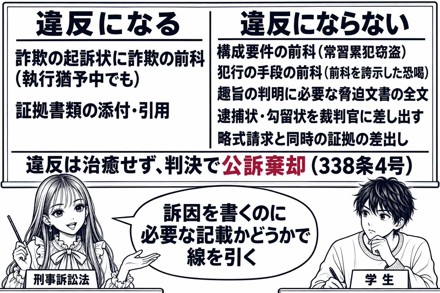 大学の教室の場面。先生が教師役（札「刑事訴訟法」）で黒板の前に立ち、黒板に左右二列の表。左の見出し「違反になる」、その下に「詐欺の起訴状に詐欺の前科（執行猶予中でも）」「証拠書類の添付・引用」。右の見出し「違反にならない」、その下に「構成要