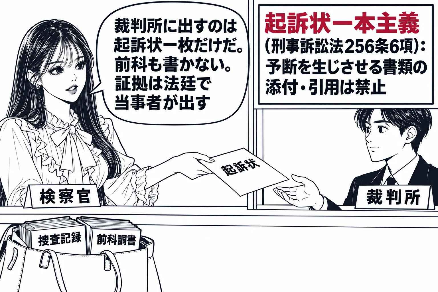 裁判所の受付窓口の場面。先生が検察官役（札「検察官」）で窓口に立ち、「起訴状」と書いた一枚の書面だけを職員の男性（札「裁判所」）に差し出している。先生の足元の鞄から「捜査記録」「前科調書」と書いた分厚い書類の束がはみ出しているが、机には出し