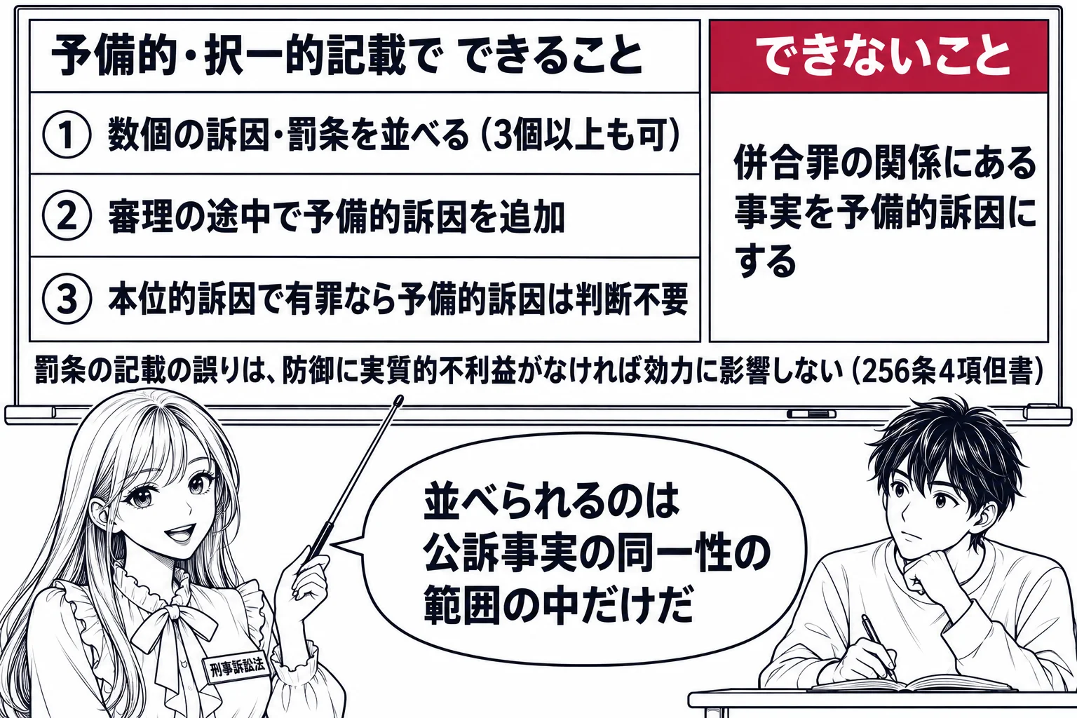 大学の教室の場面。先生が教師役（札「刑事訴訟法」）で黒板の前に立ち、黒板に二つの枠。左の枠の見出し「予備的・択一的記載で できること」、その中に「数個の訴因・罰条を並べる（3個以上も可）」「審理の途中で予備的訴因を追加」「本位的訴因で有罪な