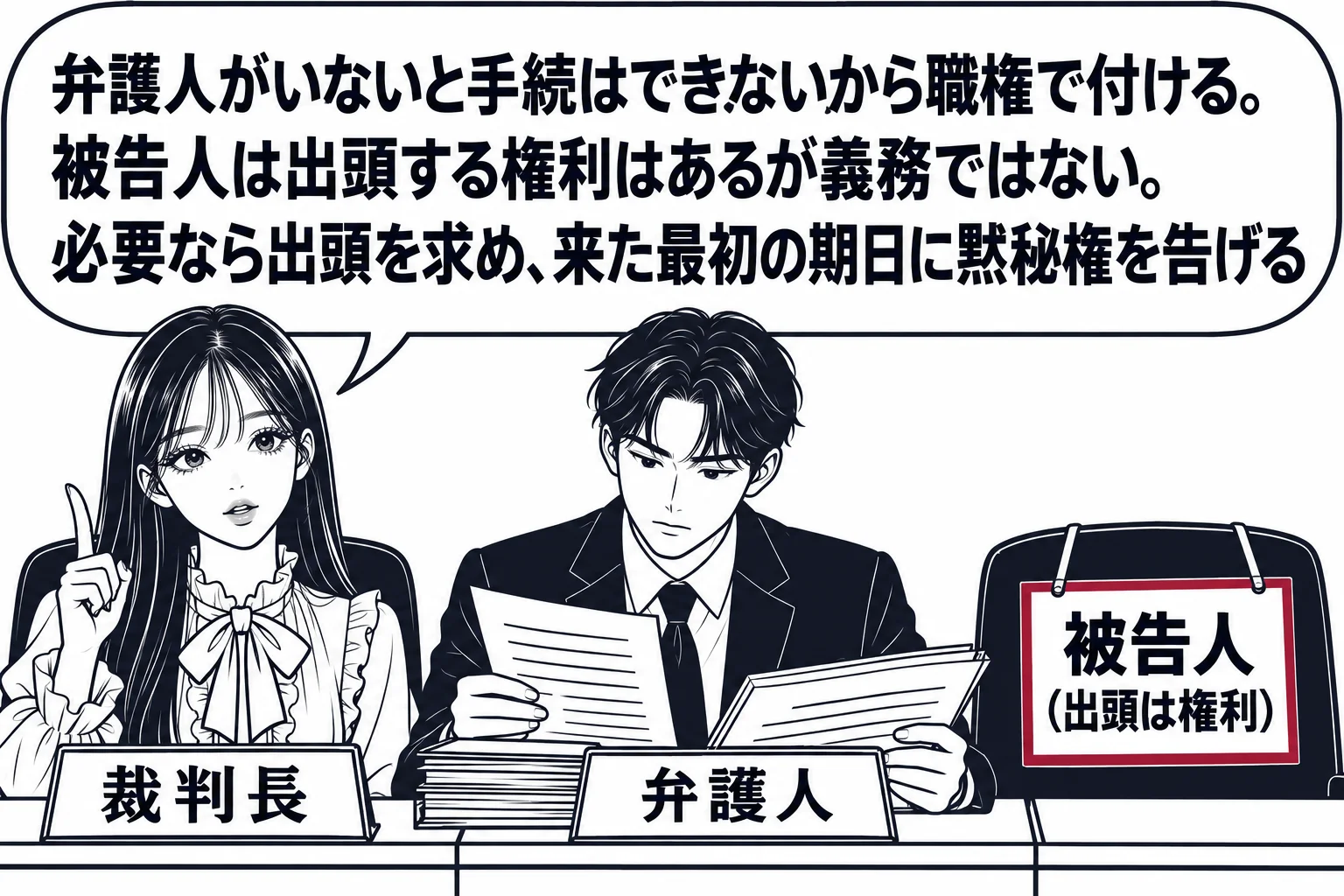 同じ準備手続室で、空いた椅子に札「被告人（出頭は権利）」が掛かっている場面。先生が裁判長役（札「裁判長」）で、隣の弁護人席には男性の弁護人（札「弁護人」）が書類を広げている。先生の吹き出し「弁護人がいないと手続はできないから職権で付ける。被