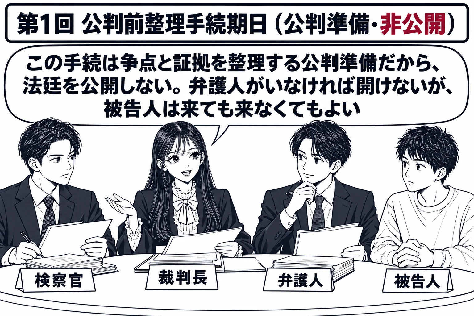 裁判所の準備手続室（傍聴席のない小さな会議室）の場面。先生が裁判長役（札「裁判長」）で楕円のテーブルの奥に座り、左に男性の検察官（札「検察官」）、右に男性の弁護人（札「弁護人」）、弁護人の隣に被告人の男性（札「被告人」）が座っている。壁の掲