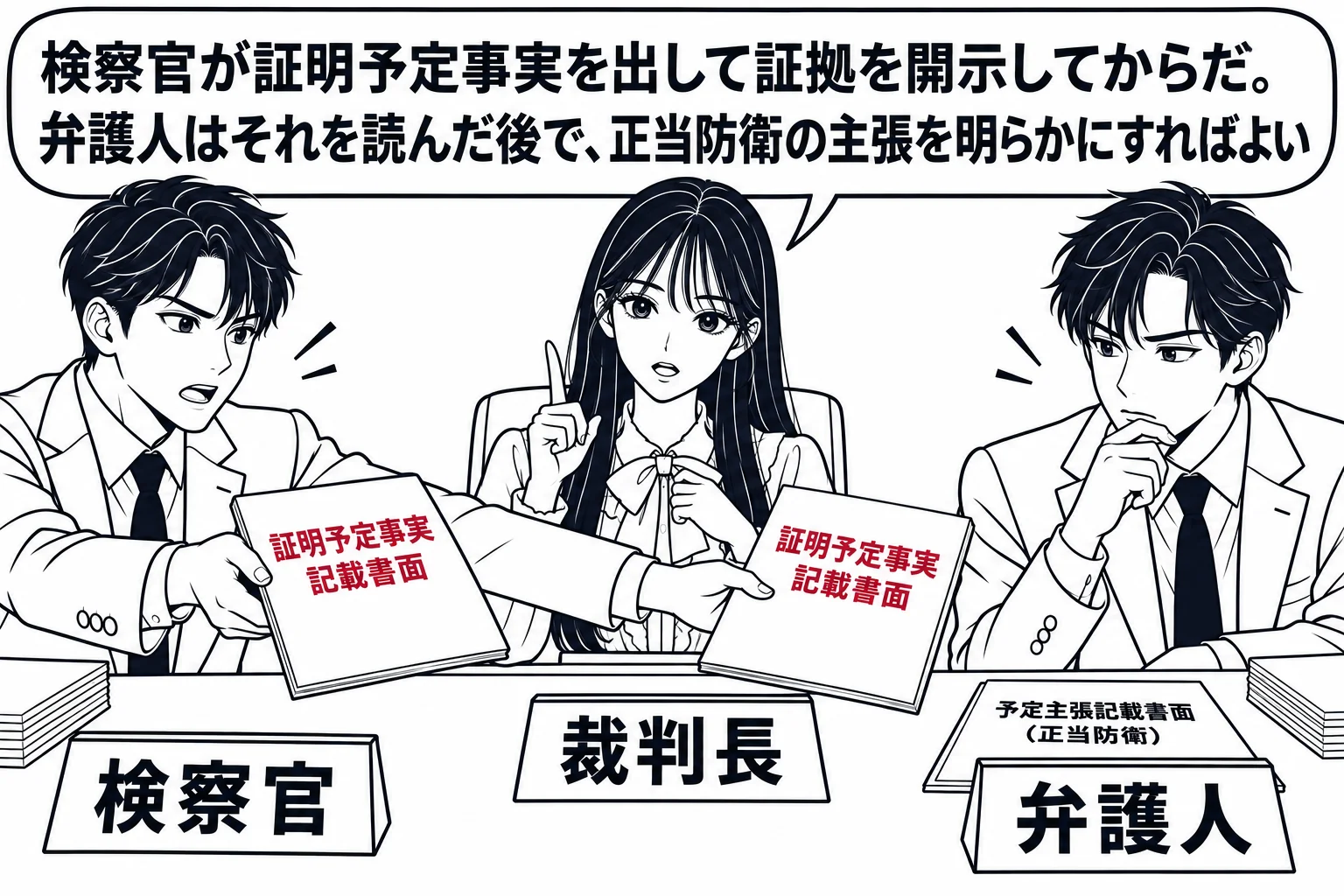 裁判所の準備手続室の場面。先生が裁判長役（札「裁判長」）でテーブルの奥に座り、左の男性の検察官（札「検察官」）が「証明予定事実記載書面」と表紙に書かれた書類を裁判長と右の男性の弁護人（札「弁護人」）の両方に差し出している。弁護人の手元には「
