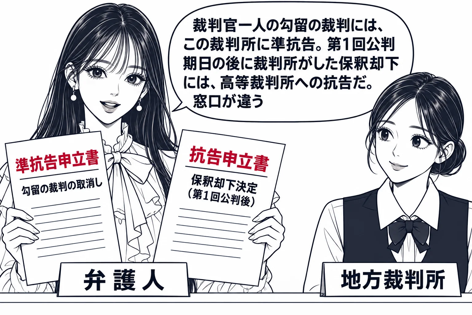 裁判所の受付窓口の場面。先生が弁護人役（札「弁護人」）で窓口に立ち、二枚の書面を持っている。一枚は「準抗告申立書 勾留の裁判の取消し」、もう一枚は「抗告申立書 保釈却下決定（第1回公判後）」。窓口の職員（札「地方裁判所」）。先生の吹き出し「