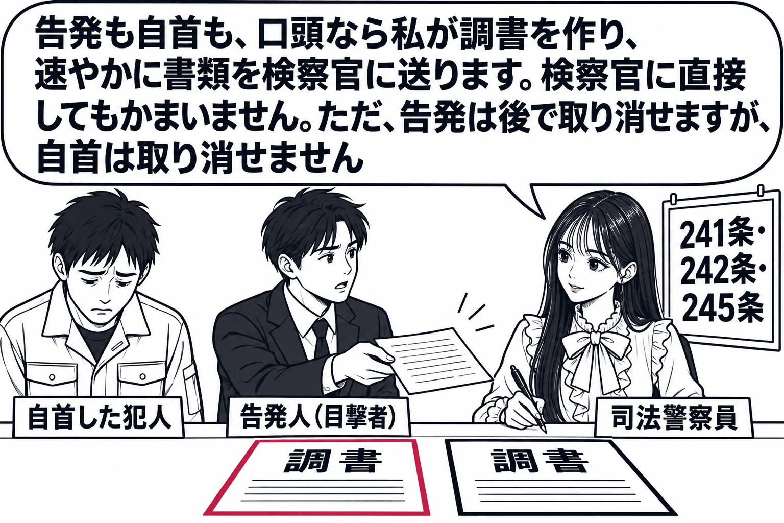 警察署の受付の場面。カウンターの前に、作業着の男性（札「自首した犯人」）がうなだれて立ち、その横に別の男性（札「告発人（目撃者）」）が書類を差し出している。先生が受付の警察官役（札「司法警察員」）でカウンターの内側に座り、「調書」と書かれた