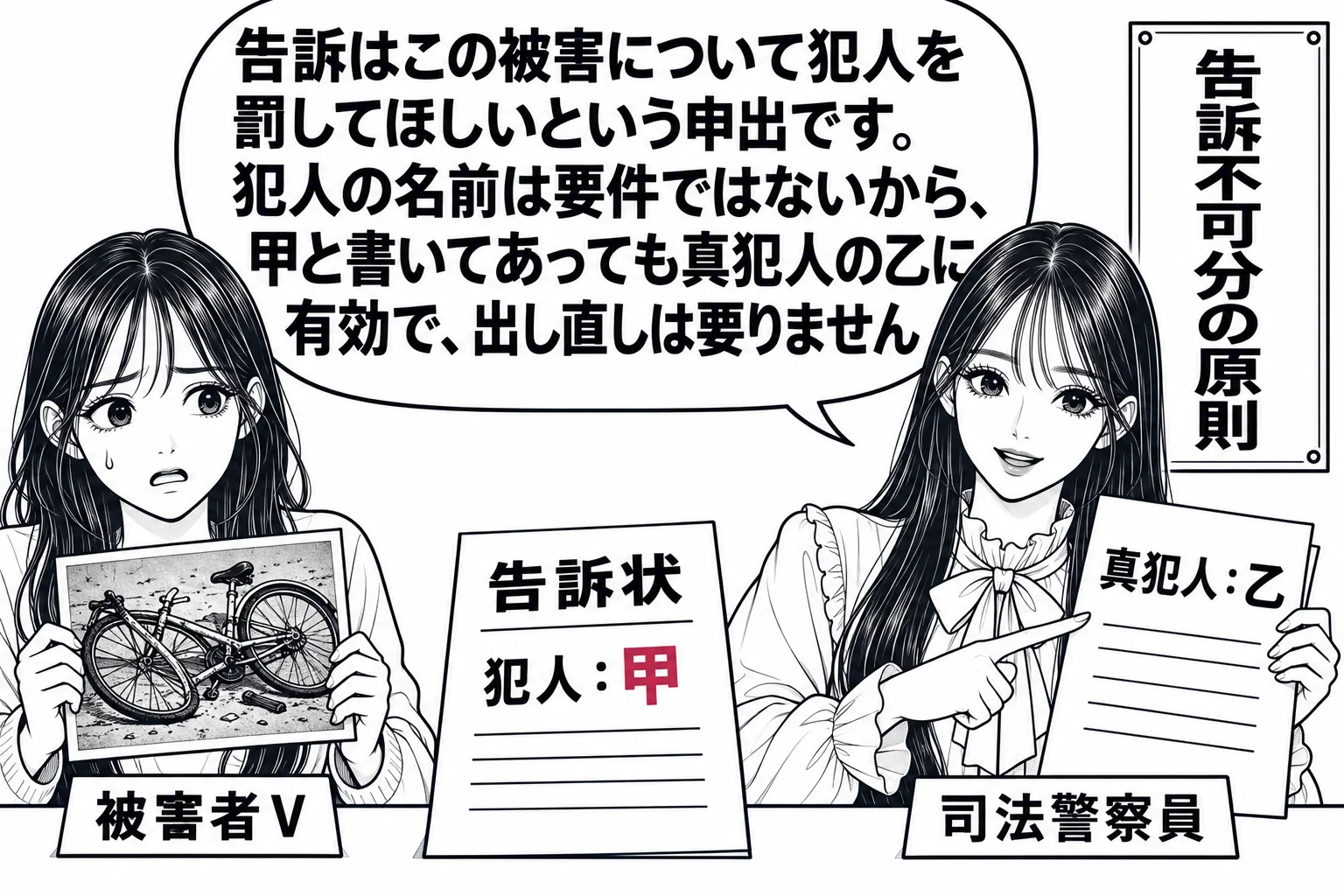 警察署の相談窓口の場面。女性（札「被害者V」）が壊れた自転車の写真を持ち、カウンターに置かれた「告訴状」には「犯人：甲」と書かれている。先生が窓口の警察官役（札「司法警察員」）で、別の捜査資料に書かれた「真犯人：乙」の文字を指している。先生