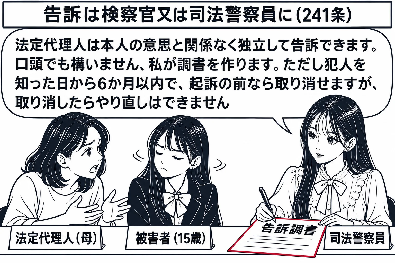 警察署の相談窓口の場面。カウンターの前に母親（札「法定代理人（母）」）と制服の女子生徒（札「被害者（15歳）」）が並んで座り、娘は首を横に振って乗り気でない様子、母親は身を乗り出して話している。先生が窓口の警察官役（札「司法警察員」）でカウ