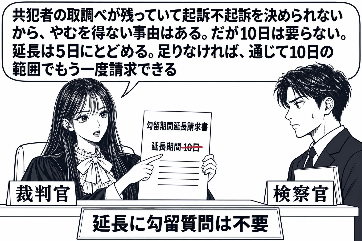 裁判官室の場面。先生が裁判官役（札「裁判官」）で机に座り、手元に「勾留期間延長請求書　延長期間10日」と書かれた書類を持っている。机の前に検察官の男性（札「検察官」）が立っている。先生の吹き出し「共犯者の取調べが残っていて起訴不起訴を決めら