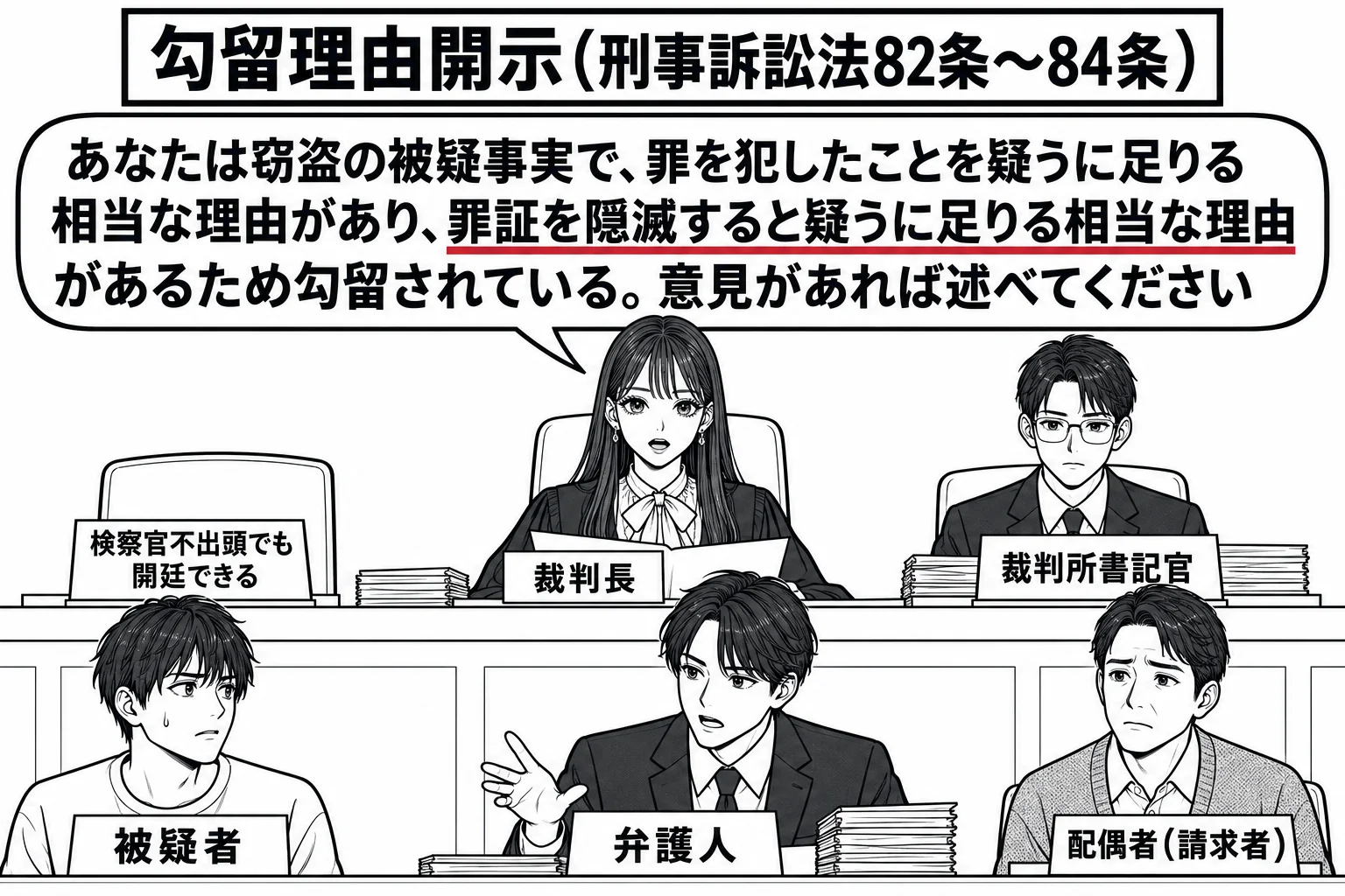 公開の法廷の場面。先生が裁判長役（札「裁判長」）で法壇に座り、傍らに書記官の男性（札「裁判所書記官」）。前に男性（札「被疑者」）と弁護士の男性（札「弁護人」）が並んで立ち、傍聴席に家族の男性（札「配偶者（請求者）」）が座っている。検察官席は