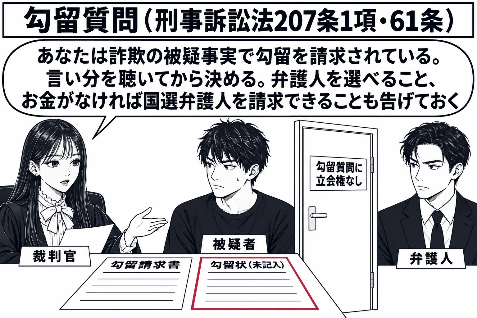 裁判所の勾留質問室の場面。先生が裁判官役（札「裁判官」）で机に座り、向かいに男性（札「被疑者」）が座っている。机の上に「勾留請求書」と「勾留状（未記入）」。部屋の扉は閉まり、扉の外に弁護士の男性（札「弁護人」）が立っていて、扉に小さな札「勾