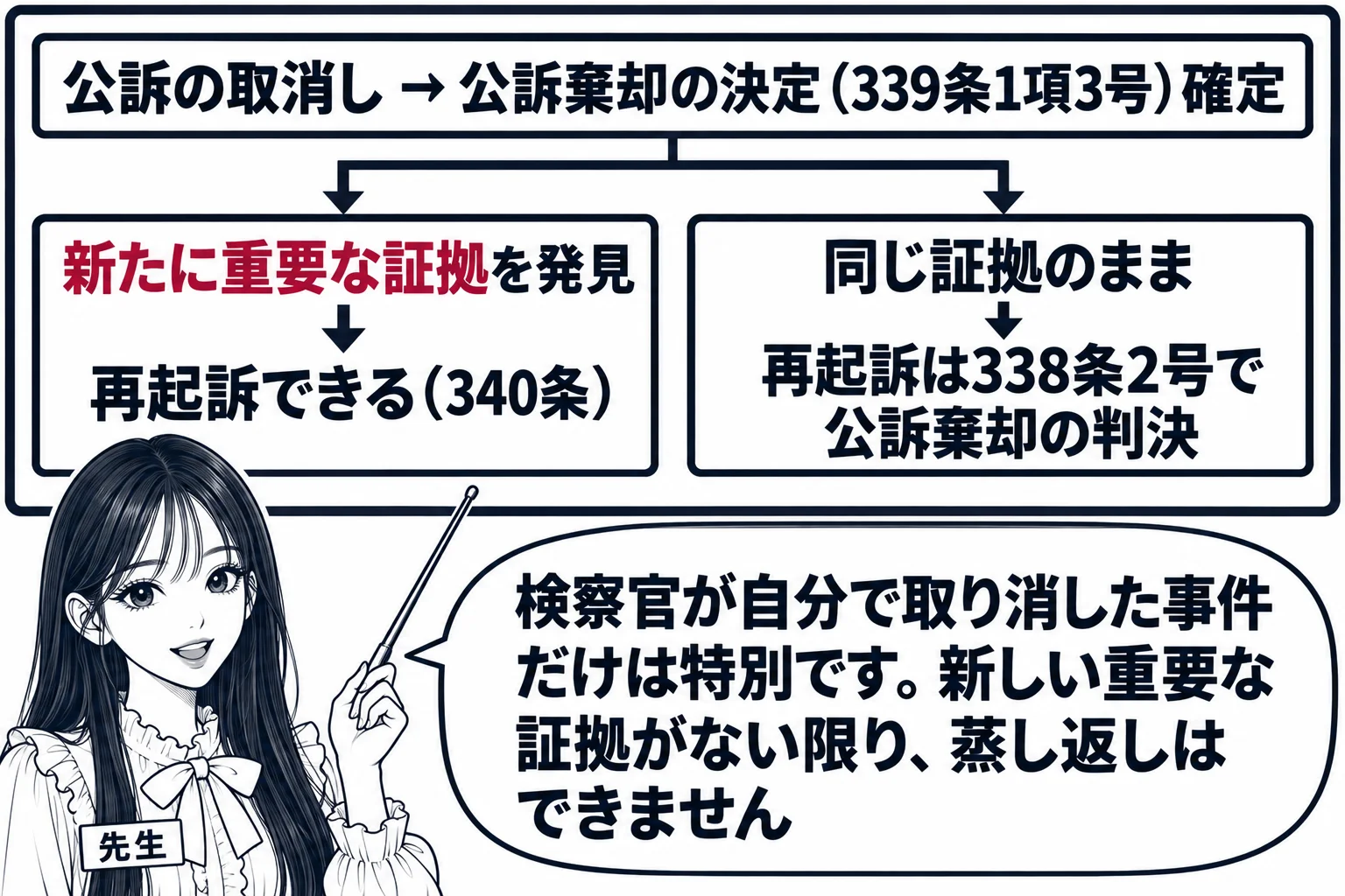 教室の板書の場面。先生が黒板の前に立ち、黒板に「公訴の取消し → 公訴棄却の決定（339条1項3号）確定」と書き、その下に分かれ道。左「新たに重要な証拠を発見 → 再起訴できる（340条）」、右「同じ証拠のまま → 再起訴は338条2号で公